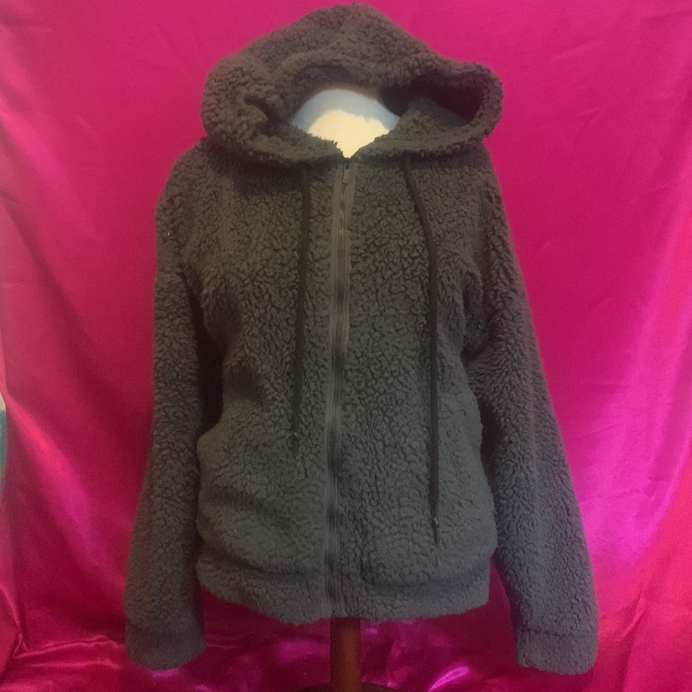 Sherpa Hooded Zip-Up Jacket in Dark Gray